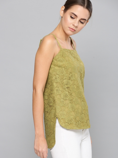 

Chemistry Women Olive Green Self Design Top
