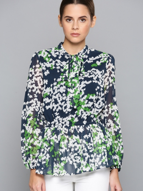 

Chemistry Women Navy Blue Printed Peplum Top
