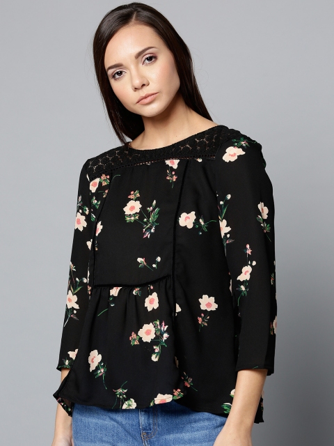 

Chemistry Women Black & Peach Printed A-Line Top