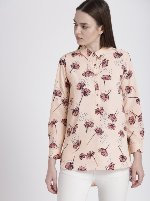 

Chemistry Women Peach-Coloured Printed High-Low Shirt Style Top
