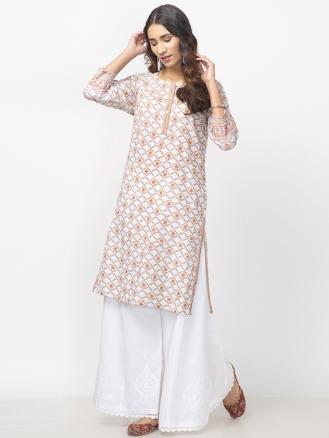 

Fabindia Women Off-White & Mustard Yellow Printed Straight Kurta