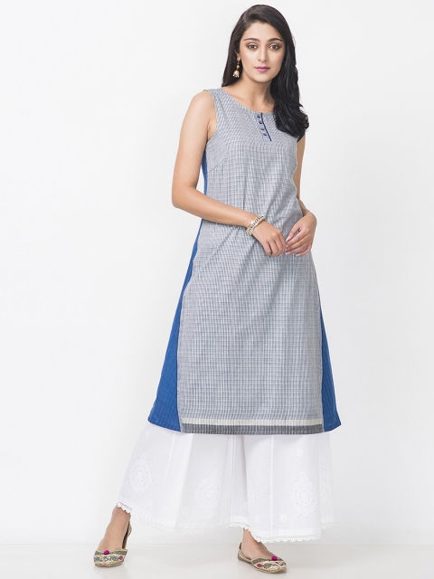 

Fabindia Women Blue & White Slim Fit Striped Handwoven A-Line Kurta