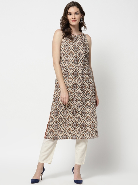 

Fabindia Women Beige & Navy Handblock Print A-Line Kurta