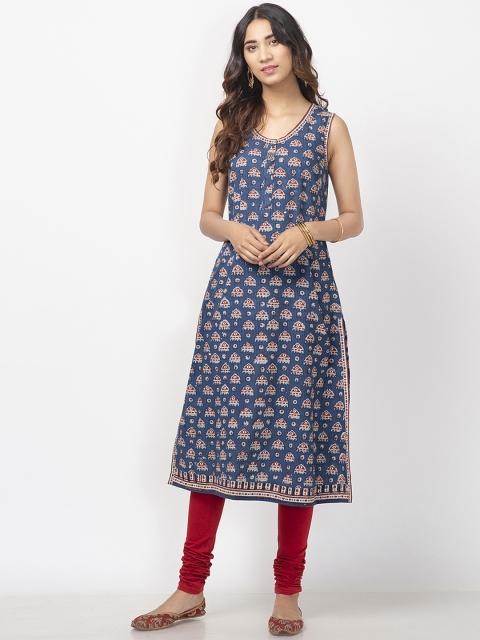 

Fabindia Women Navy Handblock Print Straight Kurta, Navy blue