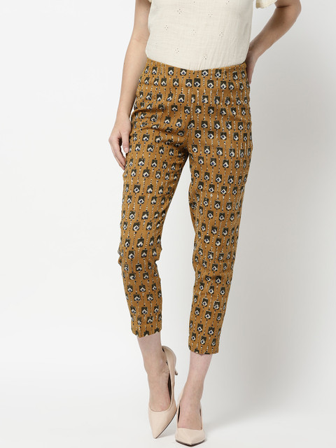 

Fabindia Women Mustard Brown Slim Fit Block Print Cropped Trousers