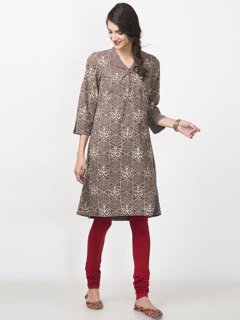 

Fabindia Women Grey Handblock Print Slim Fit A-Line Kurta