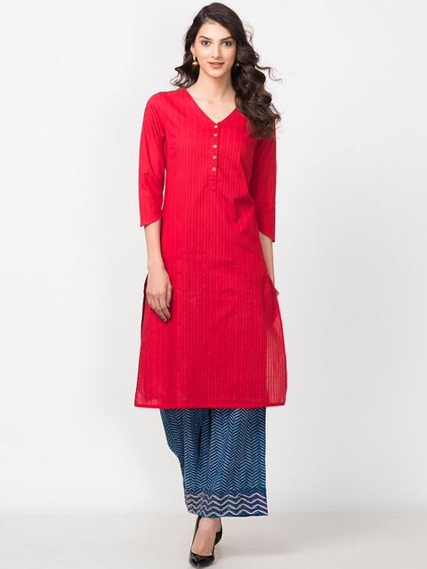 

Fabindia Women Red Self-Striped Straight Kurta