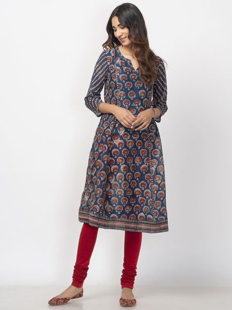 

Fabindia Women Navy Blue & Rust Brown Handblock Print A-Line Kurta
