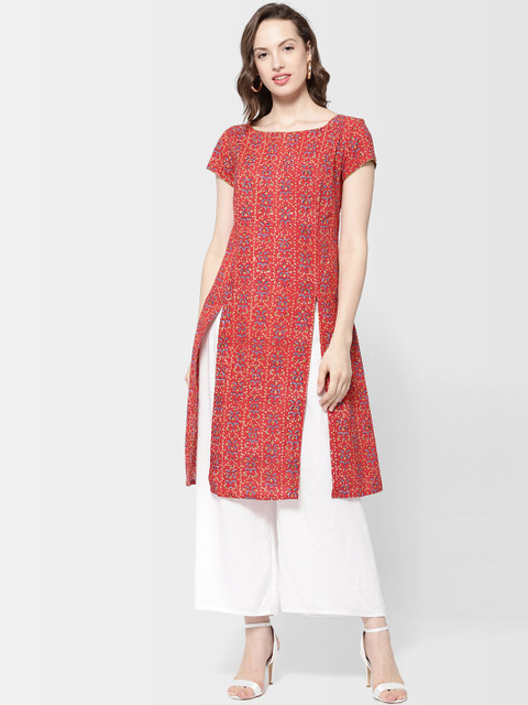 

Fabindia Women Red & Blue Handblock Print A-Line Kurta
