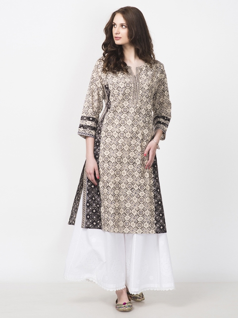 

Fabindia Women Cream-Coloured & Black Handblock Print Straight Kurta