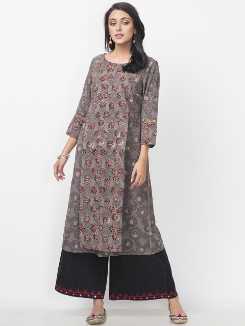 

Fabindia Women Grey & Maroon Slim Fit Handblock Print A-Line Kurta