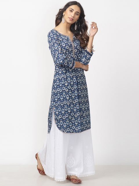 

Fabindia Women Blue Handblock Print Straight Kurta