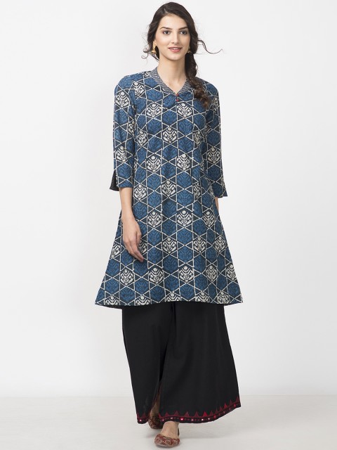 

Fabindia Women Navy Blue Handblock Print A-Line Kurta