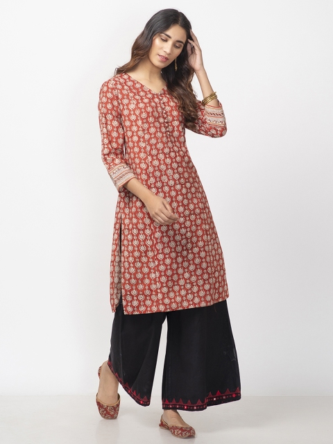 

Fabindia Women Rust Orange Handblock Print Straight Kurta