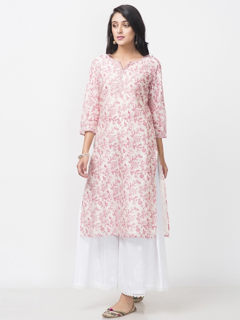 

Fabindia Women Off-White & Pink Handblock Print Straight Kurta