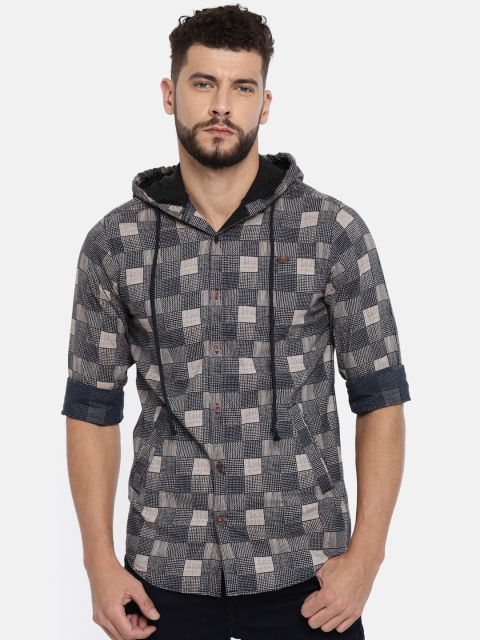 

ColorPlus Men Blue & Beige Regular Fit Printed Casual Hooded Shirt