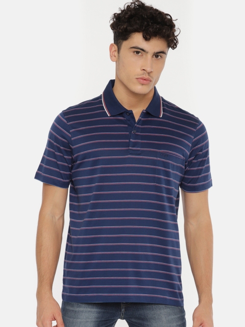 

ColorPlus Men Navy Blue Striped Polo Collar Pure Cotton T-shirt