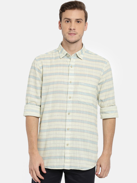 

ColorPlus Men Cream-Coloured & Blue Tailored Fit Striped Casual Shirt