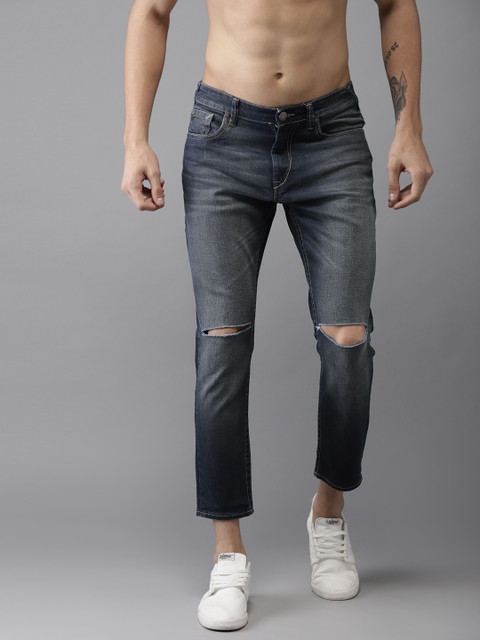 

HERE&NOW Men Blue Slim Fit Mid-Rise Slash Knee Stretchable Cropped Jeans