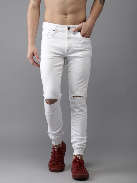 

HERE&NOW Men White Jogger Mid-Rise Slash Knee Stretchable Jeans
