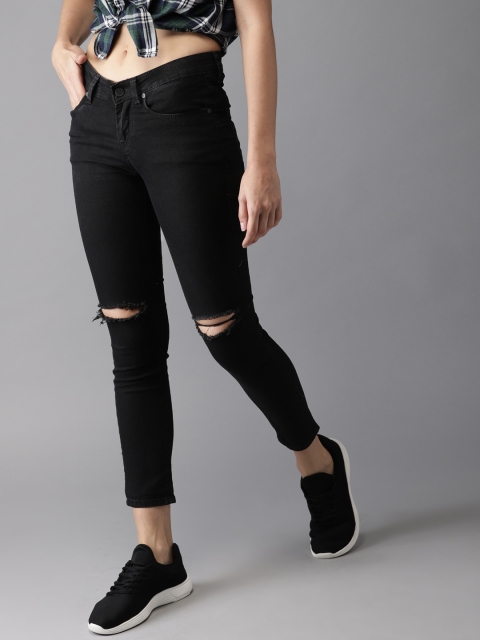 

HERE&NOW Women Black Skinny Fit Mid-Rise Slash Knee Cropped Stretchable Jeans