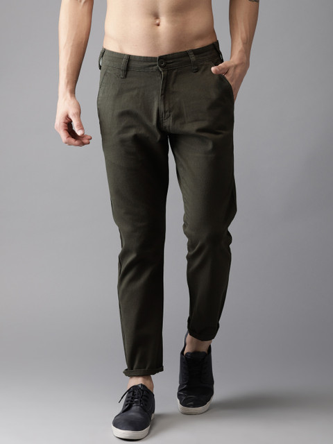 

HERE&NOW Men Olive Green Slim Fit Solid Cropped Chinos