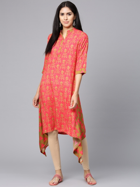 

Shree Women Coral Red & Olive Green Printed Asymmetric A-Line Kurta