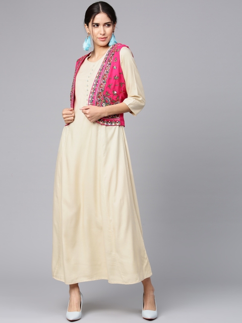 

Shree Women Beige & Pink Solid Maxi Dress with Ethnic Jacket