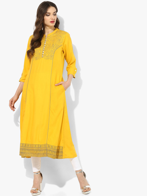 

Sangria Women Yellow Printed A-Line Kurta