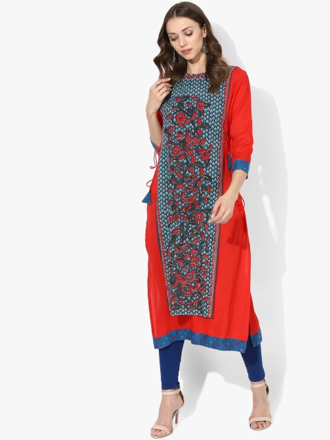 

Sangria Women Navy Blue & Red Floral Printed Straight Kurta