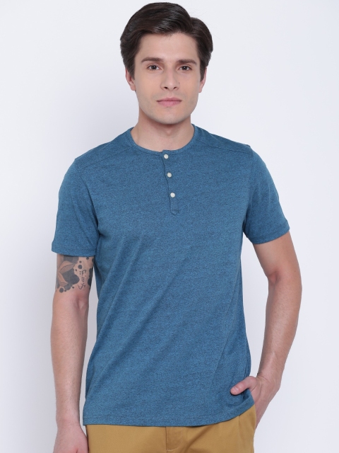 

Blackberrys Men Teal Blue Self Design Henley Neck T-shirt
