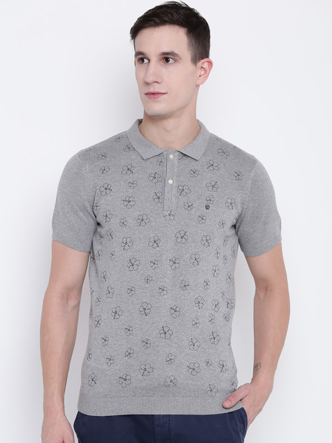 

Blackberrys Men Grey Melange Printed Polo Collar T-shirt