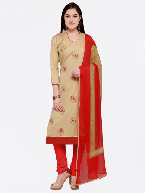 

Saree mall Beige & Red Cotton Blend Unstitched Dress Material