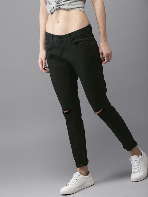 

HERE&NOW Women Black Skinny Fit Mid-Rise Slash Knee Stretchable Cropped Jeans