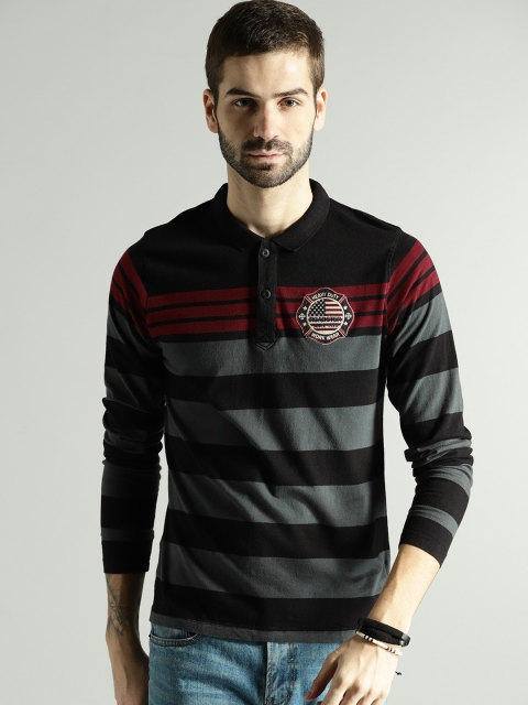 

Roadster Men Black & Olive Green Striped Polo Collar T-shirt