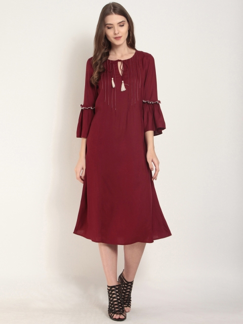 

RARE ROOTS Women Maroon Solid A-Line Dress