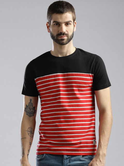 

Hubberholme Men Black Red Striped Round Neck Pure Cotton T-shirt
