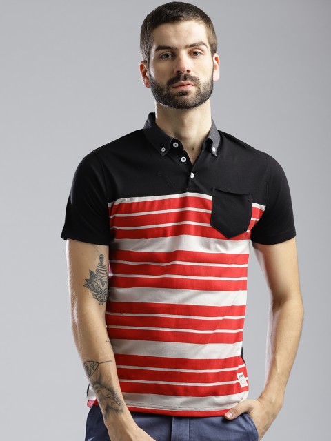 

Hubberholme Men Black & Red Striped Polo Collar T-shirt