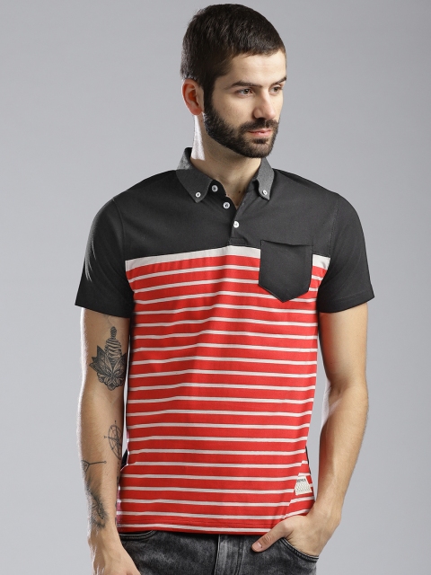 

Hubberholme Men Black & Red Striped Button-Down Collar T-shirt