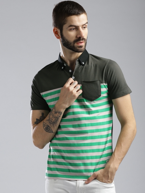 

Hubberholme Men Olive Green Striped Polo Collar T-shirt
