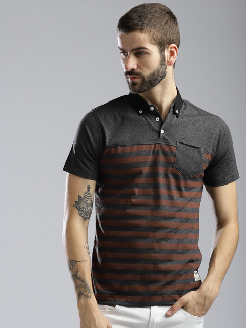 

Hubberholme Men Charcoal Grey & Rust Brown Striped Button-Down Collar T-shirt