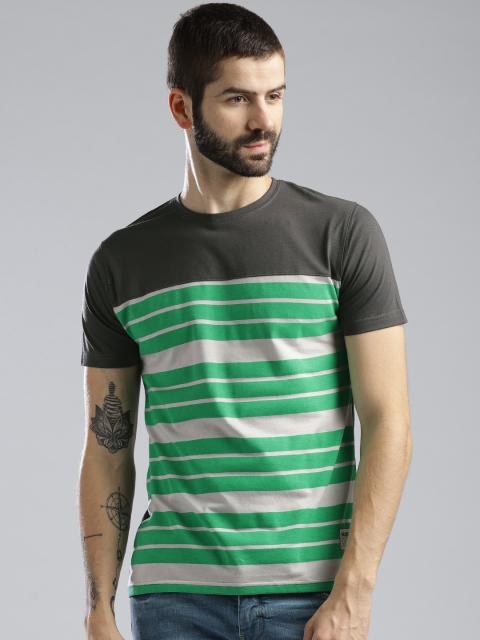 

Hubberholme Men Taupe & Green Striped Round Neck T-shirt