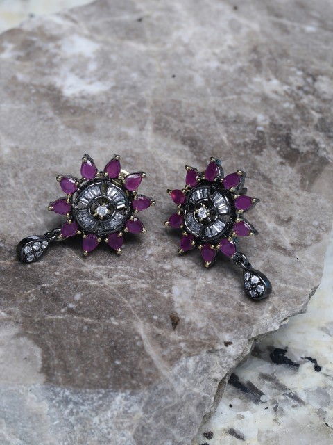 

PANASH Gunmetal & Pink Rhodium-Plated Handcrafted CZ Star-Shaped Drop Earrings, Metallic