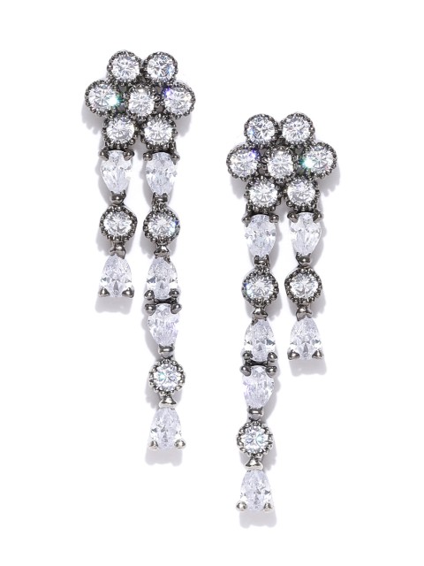 

PANASH Gunmetal-Toned Rhodium-Plated Handcrafted CZ Stone-Studded Drop Earrings, Metallic