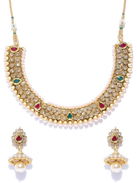 

PANASH Gold-Toned & Red Kundan-Studded Beaded Jewellery Set