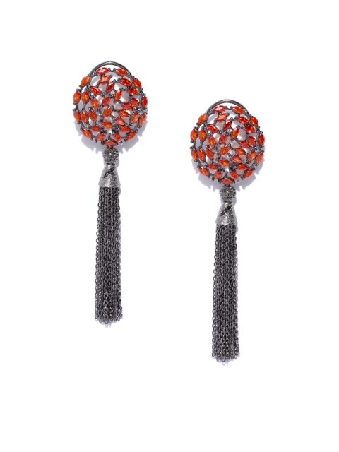 

PANASH Gunmetal-Toned & Orange CZ Stone-Studded Contemporary Tasselled Drop Earrings, Metallic
