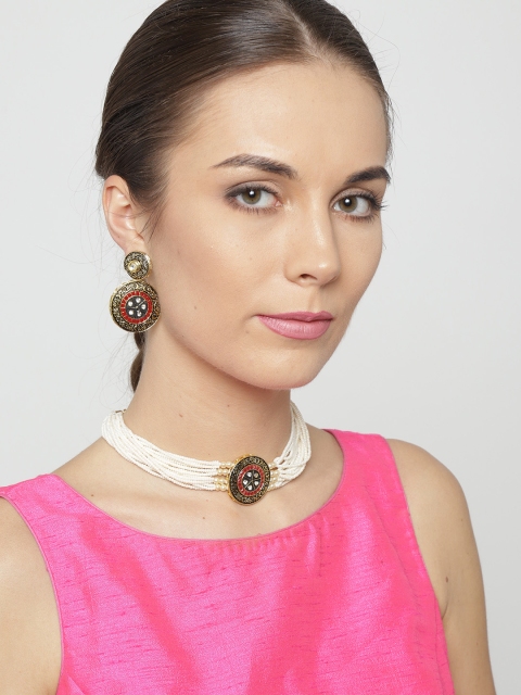 

PANASH Off-White & Gold-Toned Stone-Studded & Beaded Jewellery Set