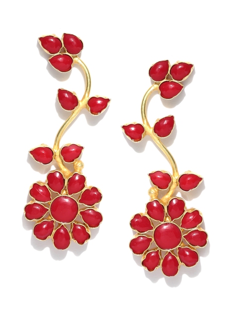 

PANASH Gold-Toned & Red Gold-Plated Floral Stone-Studded Handcrafted Drop Earrings