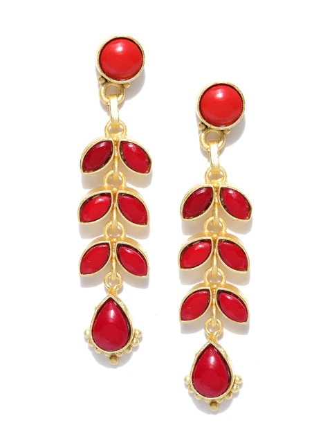 

PANASH Gold-Toned & Maroon Gold-Plated Stoned-Studded Leaf Shaped Drop Earrings