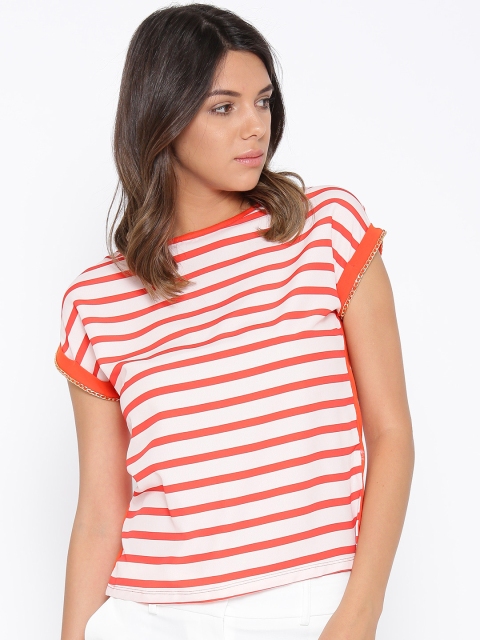 

Madame Women Orange & Off-White Striped Top